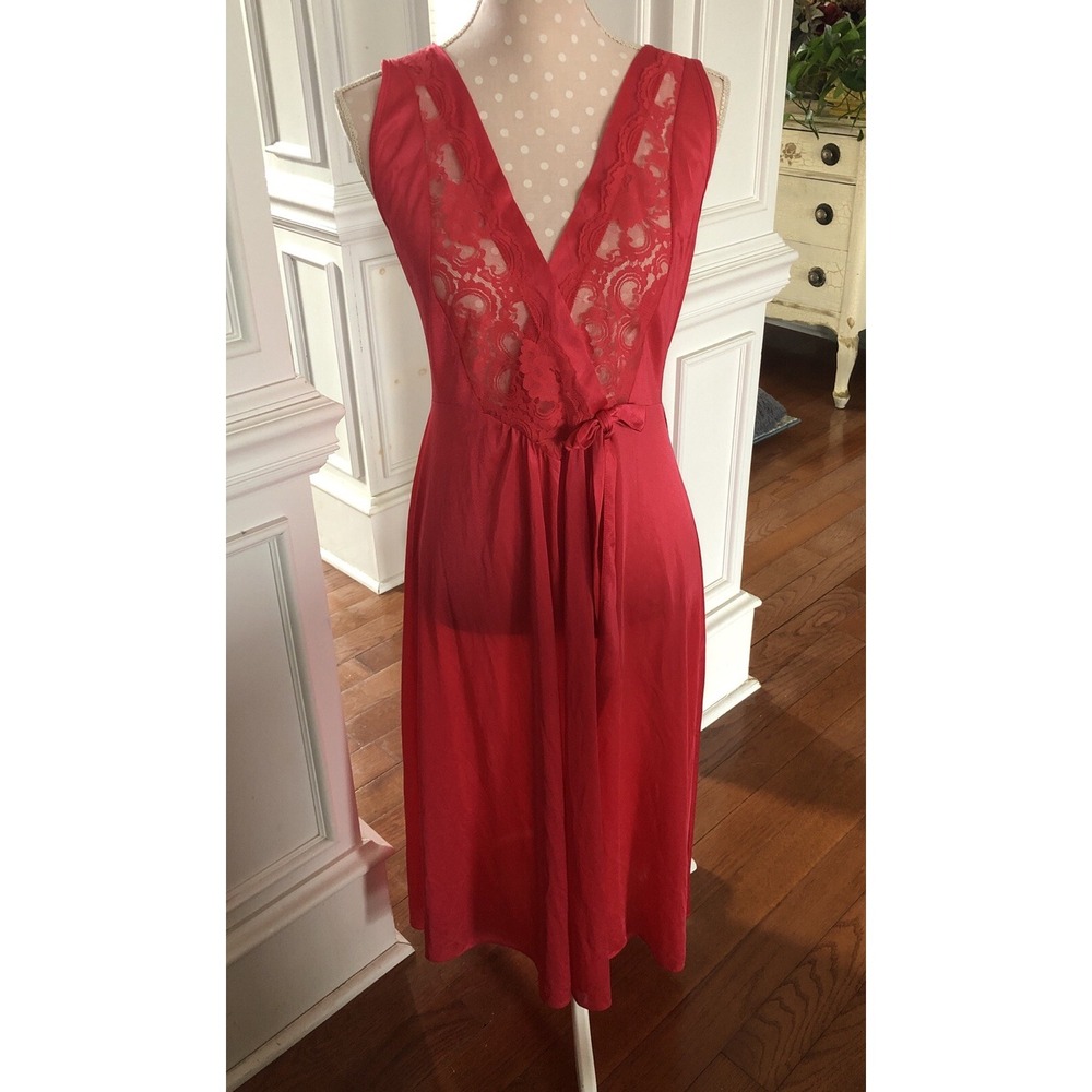 Vintage Quiet Moments Sexy Red Gown Nightgown Nylon Sheer Lace Women Medium USA
